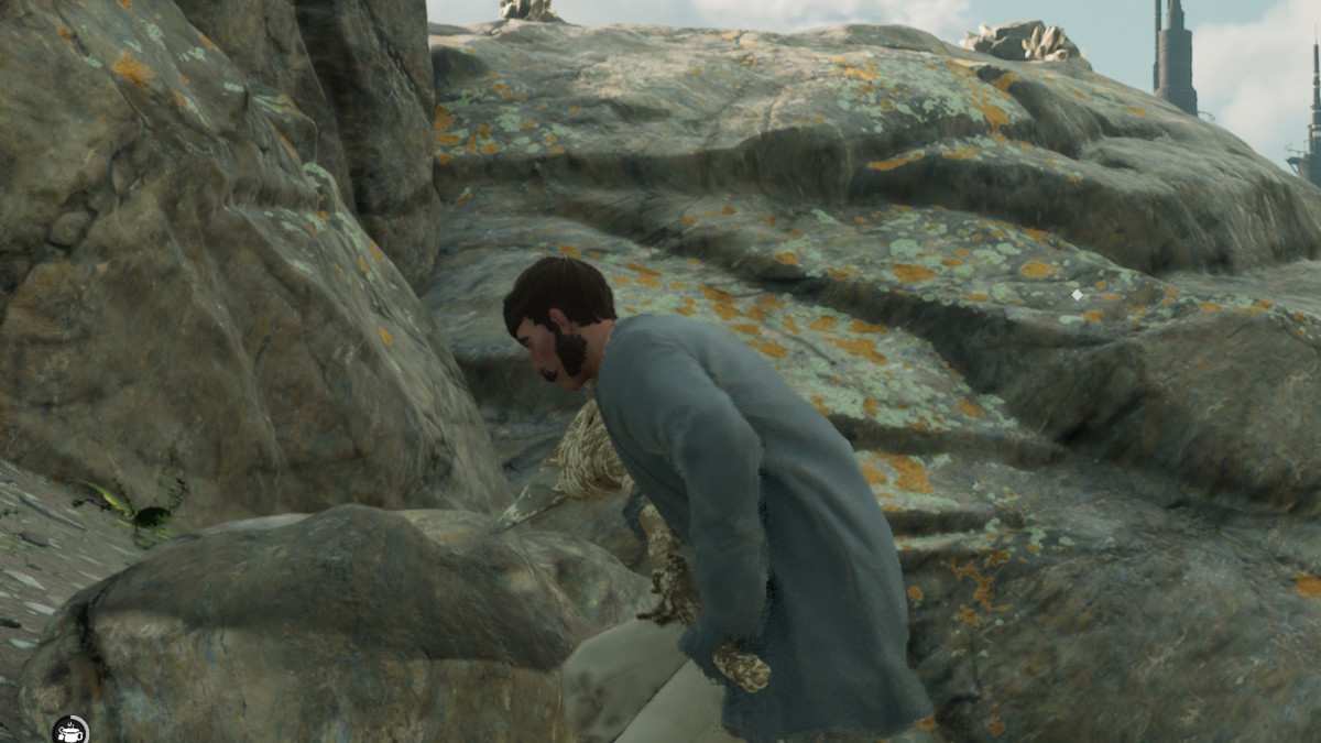 A Nightingale player standing over stone blocks, preparing to harvest them with his pickaxe